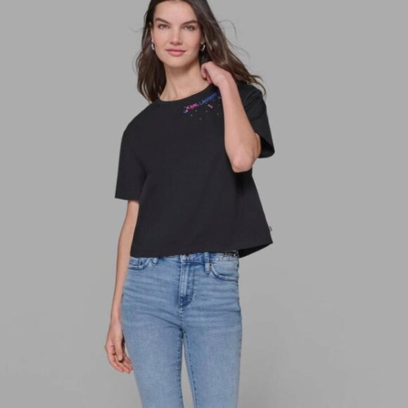 NWT! NEW! Karl Lagerfeld Paris Women Embossed Neckline Black T shirt - Picture 1 of 7